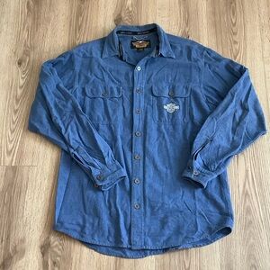 Vintage Harley-Davidson Men's Indigo Blue Long-Sleeve Button-Down Work Shirt